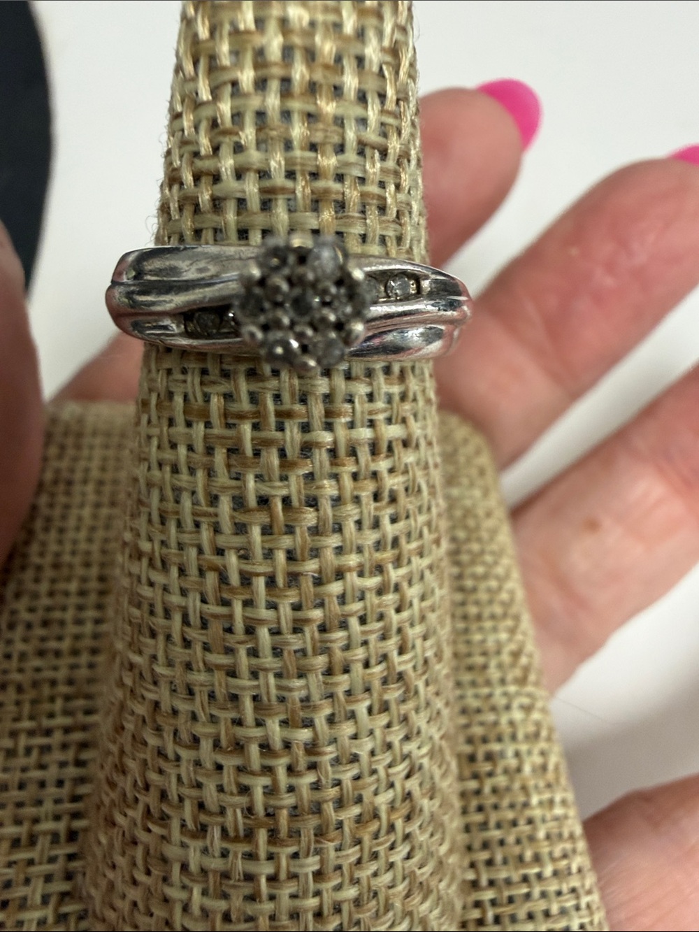 Sterling Silver Cluster Flower Ring  with diamonds , size 6